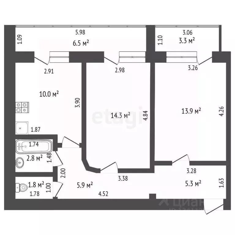 2-к кв. Белгородская область, Шебекино ул. Ленина, 91А (58.8 м) - Фото 1