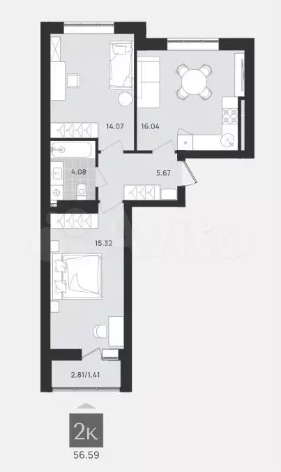 2-к. квартира, 56,6 м, 7/9 эт. - Фото 1