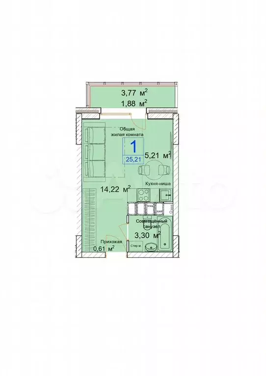 Квартира-студия, 25,2 м, 6/19 эт. - Фото 0