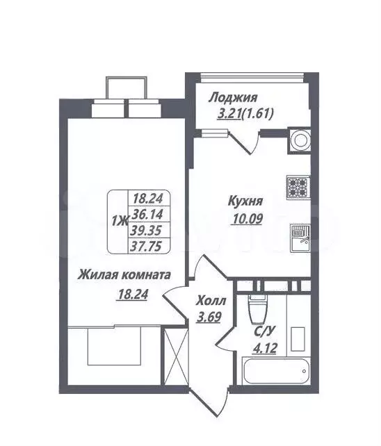 1-к. квартира, 37,8 м, 5/8 эт. - Фото 1