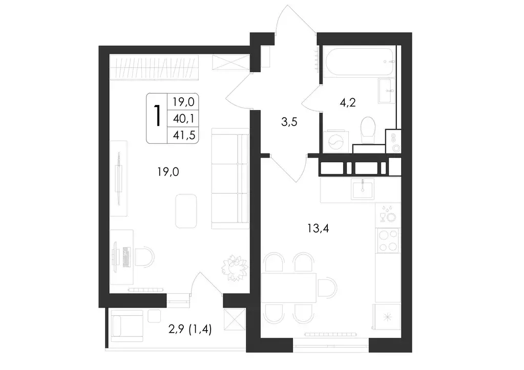 1-к квартира, 41.5 м - Фото 1