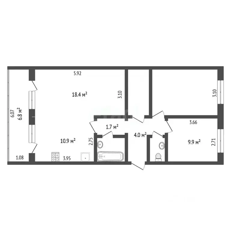3-к кв. Тюменская область, Тюмень ул. Ю.-Р.Г. Эрвье, 10 (70.9 м) - Фото 2