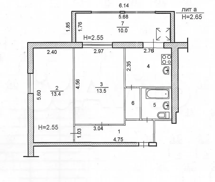 2-к. квартира, 43,6 м, 1/5 эт. - Фото 0