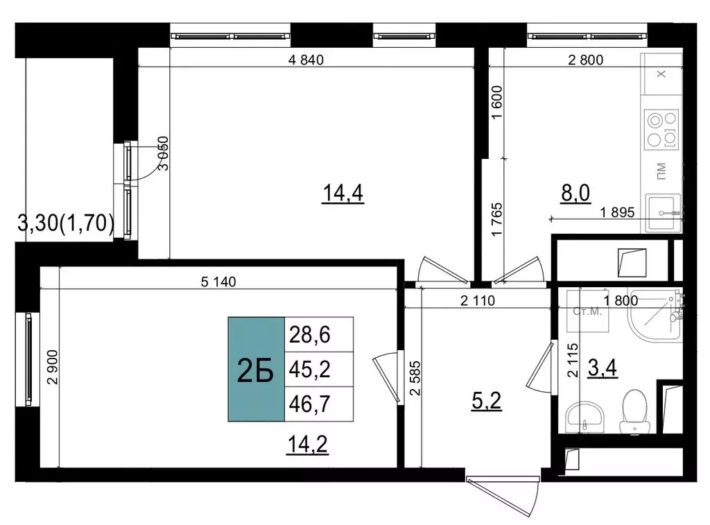2-комнатная квартира: Одинцово, улица Бзри, к23 (46.7 м) - Фото 0