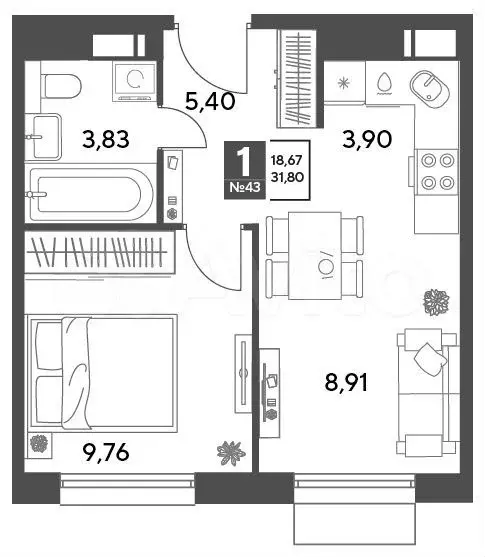 1-к. квартира, 31,8 м, 7/9 эт. - Фото 0