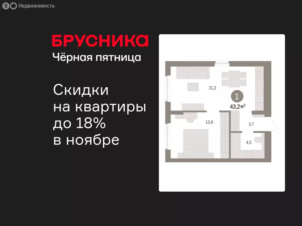 1-комнатная квартира: Новоселье, ЖК Брусника (43.15 м) - Фото 0