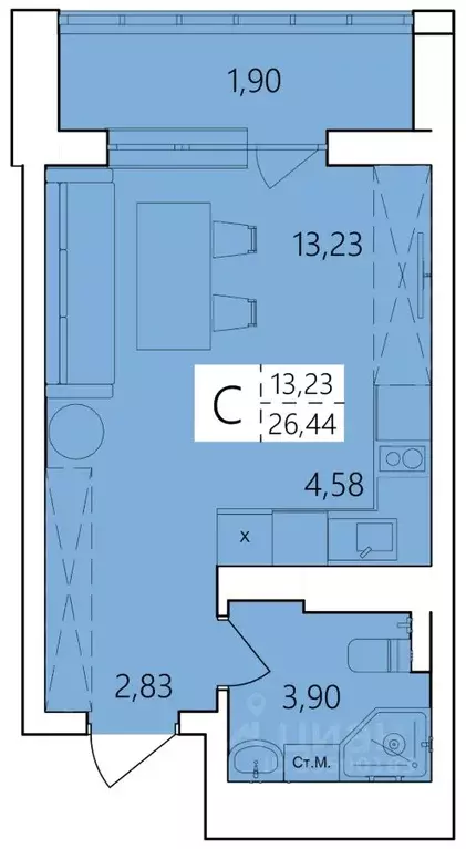 Студия Башкортостан, Уфа Затон жилрайон, Волна жилой комплекс (26.44 ... - Фото 1