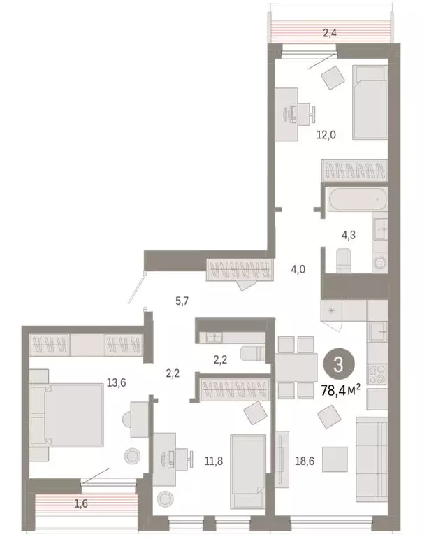 3-комнатная квартира: Тюмень, улица Республики, 205к1 (78.41 м) - Фото 2