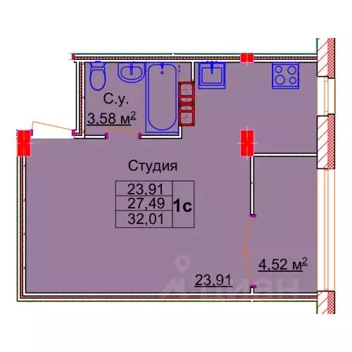Студия Ивановская область, Иваново Лежневская ул., 98 (32.01 м) - Фото 0