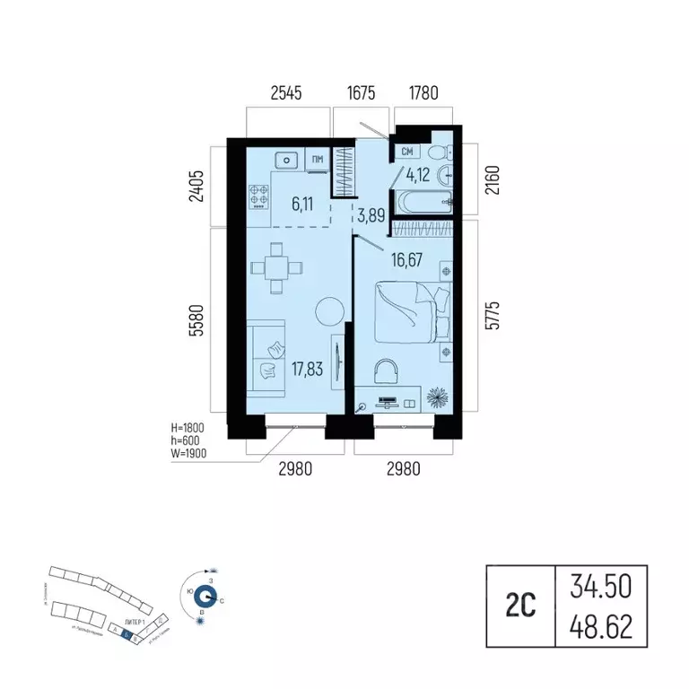 2-к кв. Башкортостан, Уфа Глумилино-1 мкр, Новатор жилой комплекс ... - Фото 1