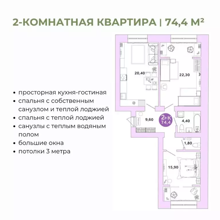 2-к кв. Оренбургская область, Оренбург Ростоши Премьер мкр,  (74.4 м) - Фото 0