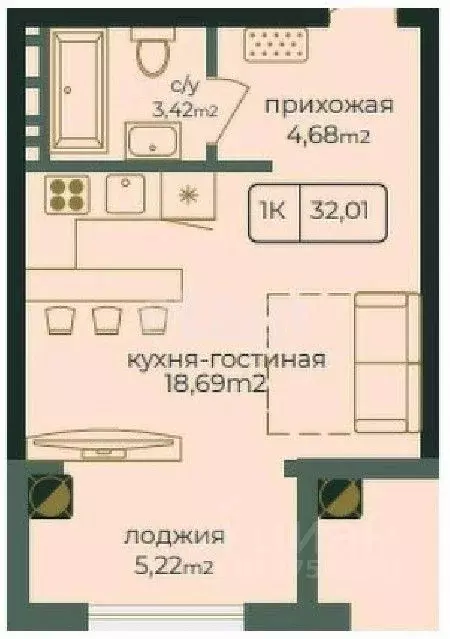 Студия Дагестан, Каспийск просп. Акулиничева (32.01 м) - Фото 0
