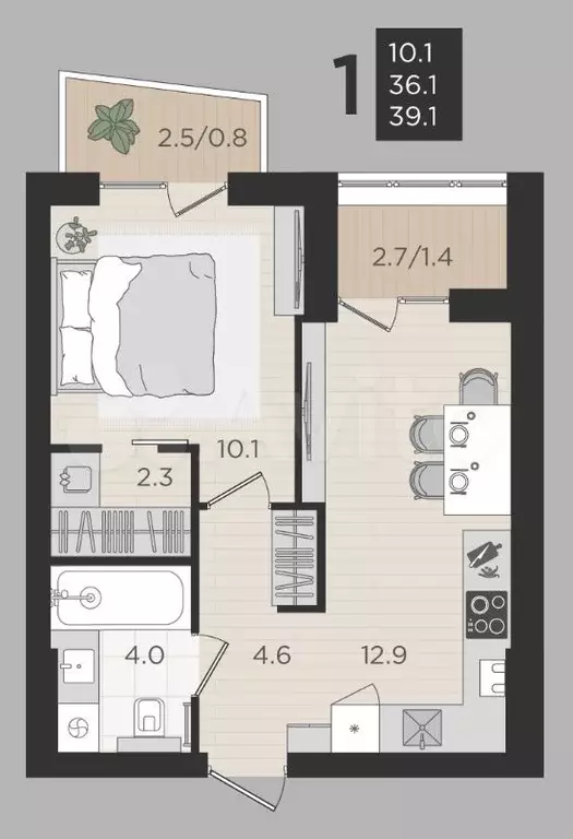1-к. квартира, 36 м, 3/4 эт. - Фото 1