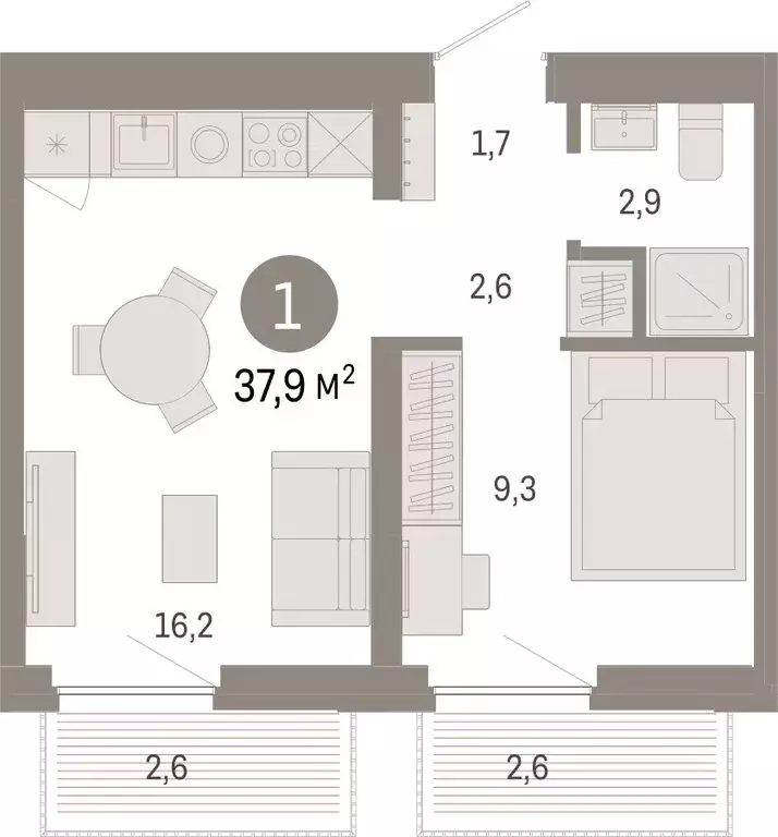 1-комнатная квартира: Тюмень, Центральный округ (37.9 м) - Фото 0