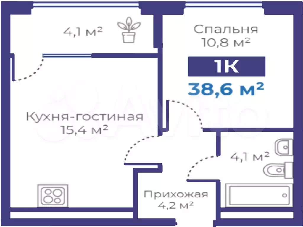 1-к. квартира, 38,6 м, 4/15 эт. - Фото 1