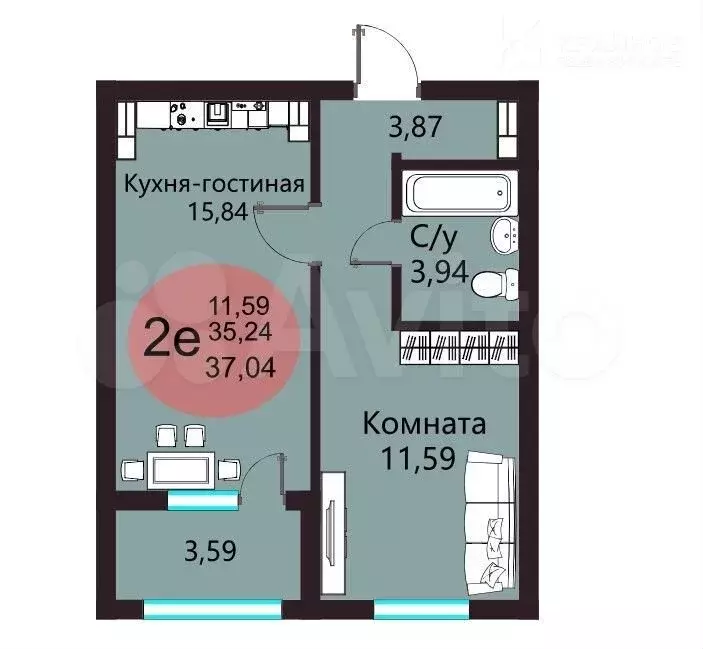 2-к. квартира, 37 м, 8/9 эт. - Фото 1