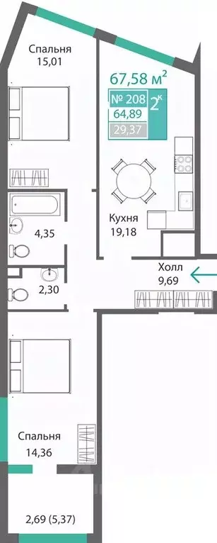 2-к кв. Крым, Симферополь Барбарис жилой комплекс (67.58 м) - Фото 0