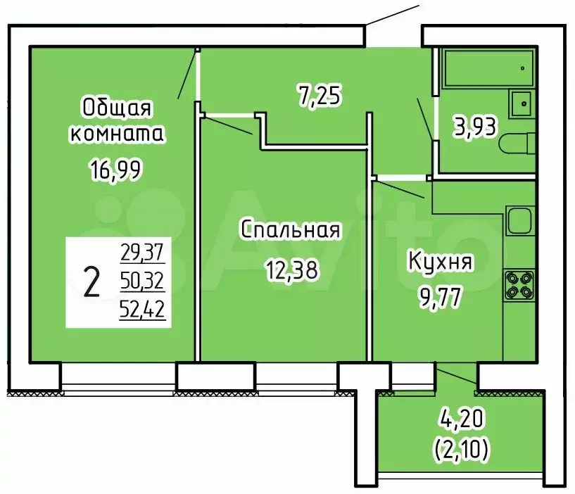 2-к. квартира, 52,4м, 8/9эт. - Фото 0