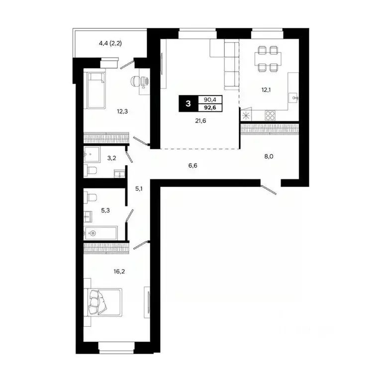 3-к кв. Новосибирская область, Кольцово рп, 5-й мкр  (92.6 м) - Фото 1