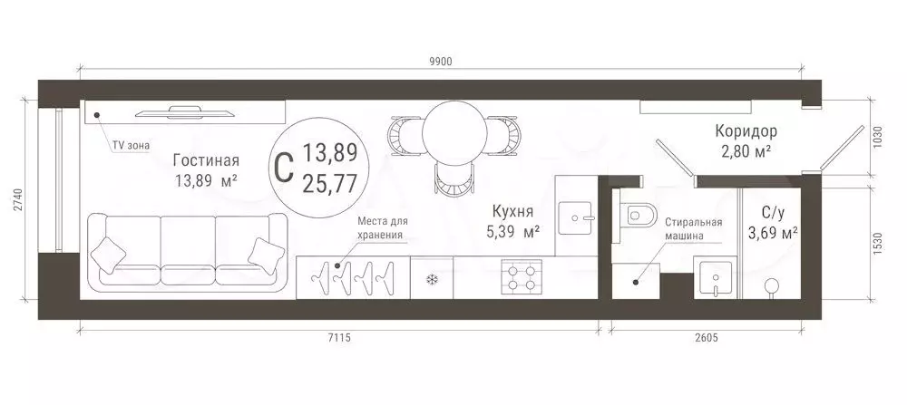 Апартаменты-студия, 25,7 м, 1/22 эт. - Фото 0