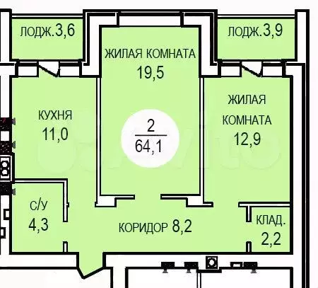 2-к. квартира, 64,1 м, 4/4 эт. - Фото 0