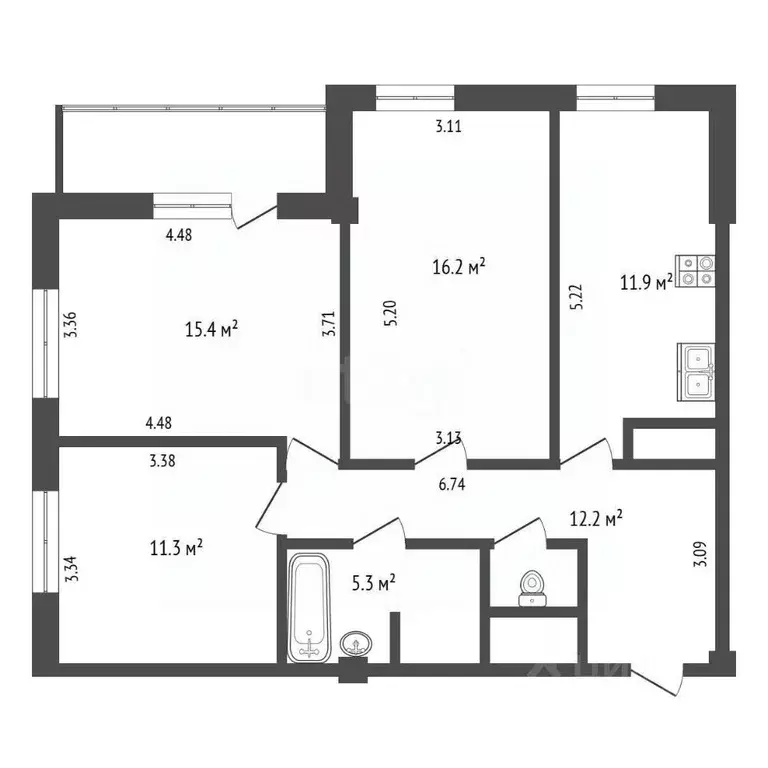 3-к кв. Челябинская область, Челябинск ул. Гагарина, 66 (73.7 м) - Фото 0