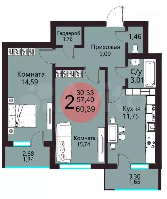 2-к. квартира, 60,4 м, 5/19 эт. - Фото 0