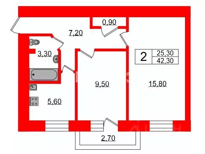 2-к кв. Санкт-Петербург ул. Седова, 17К2 (42.3 м) - Фото 1