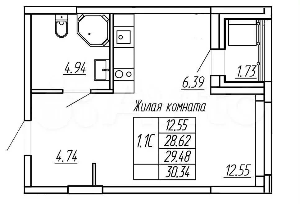 1-к. квартира, 30,3 м, 6/16 эт. - Фото 0