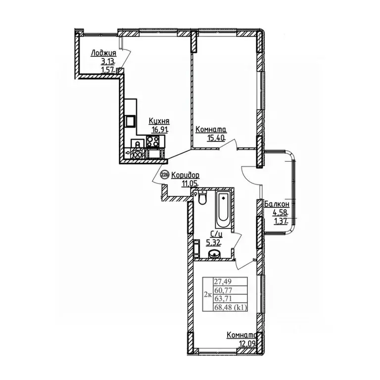 2-к кв. Калининградская область, Калининград ул. Дубовая Аллея (63.71 ... - Фото 1