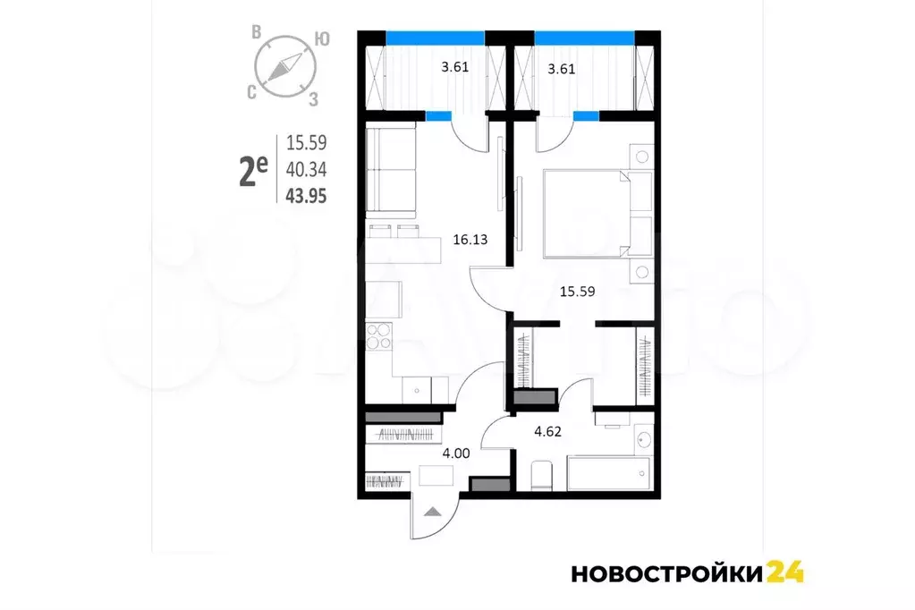 1-к. квартира, 44 м, 8/18 эт. - Фото 1