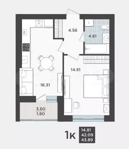 1-к. квартира, 43,9 м, 7/9 эт. - Фото 1