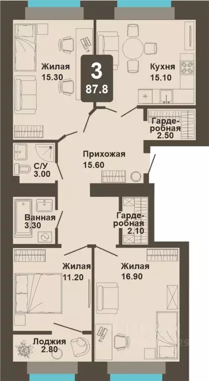 3-к кв. Чувашия, Чебоксары ул. И.П. Прокопьева (87.8 м) - Фото 1