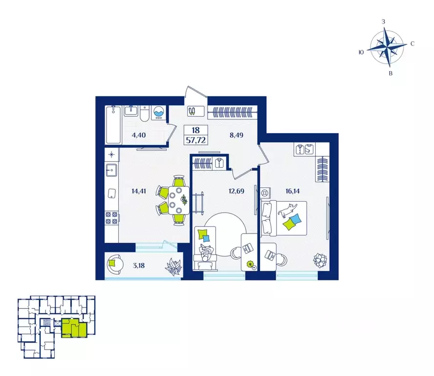 2-к кв. Калининградская область, Зеленоградск  (57.72 м) - Фото 1
