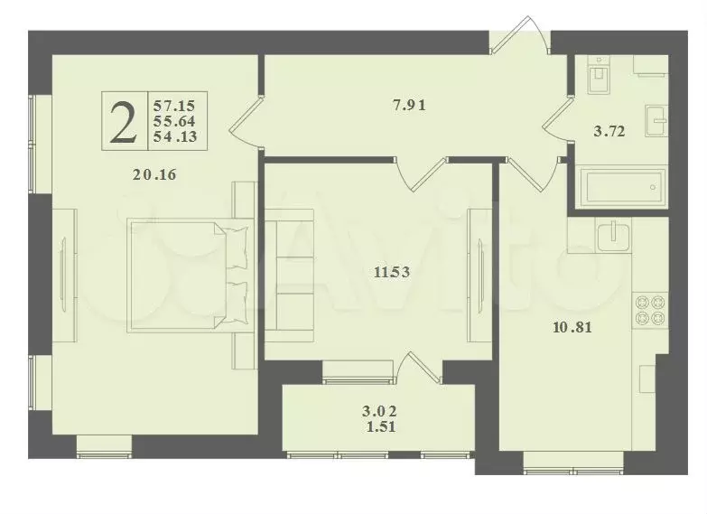 2-к. квартира, 57,2 м, 1/4 эт. - Фото 1