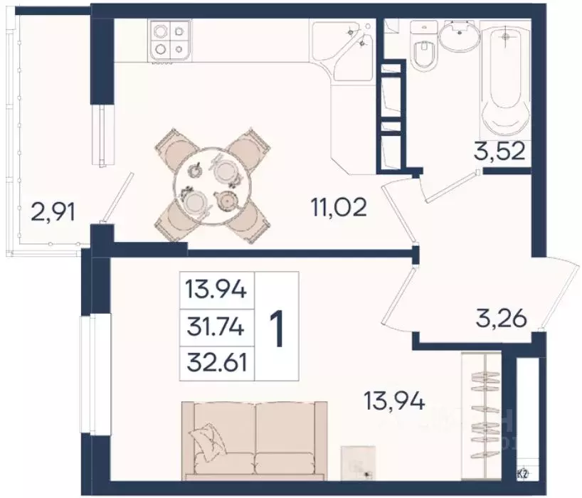 1-к кв. Краснодарский край, Краснодар  (32.61 м) - Фото 0