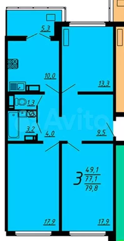 3-к. квартира, 77,1 м, 2/17 эт. - Фото 0