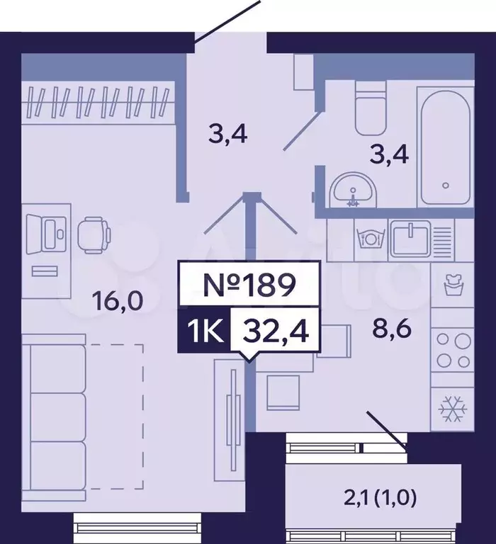 1-к. квартира, 32,4 м, 9/16 эт. - Фото 0