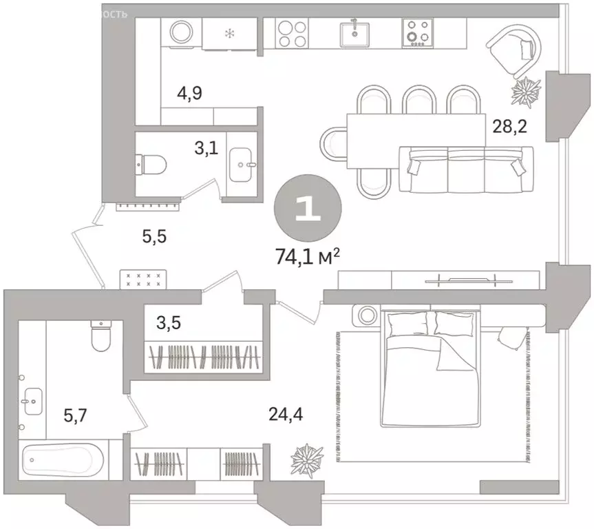1-комнатная квартира: Екатеринбург, улица Гоголя, 21 (74.06 м) - Фото 2