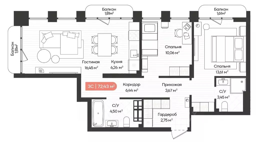 3-к кв. Новосибирская область, Новосибирск Ленинградская ул., 342 ... - Фото 1