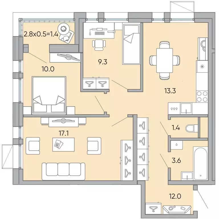 3-комнатная квартира: Чита, микрорайон Хороший, 14 (68.1 м) - Фото 1