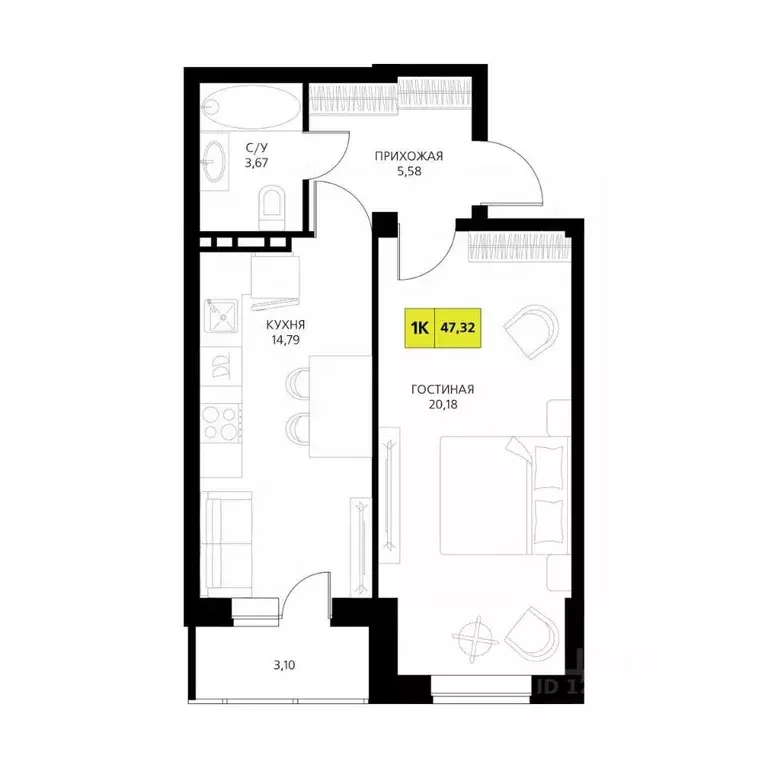 1-к кв. Дагестан, Дербент  (47.32 м) - Фото 1