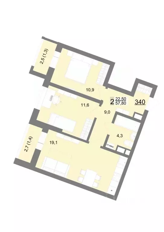 2-к кв. Свердловская область, Екатеринбург ул. Металлургов, 63/1 (57.6 ... - Фото 1