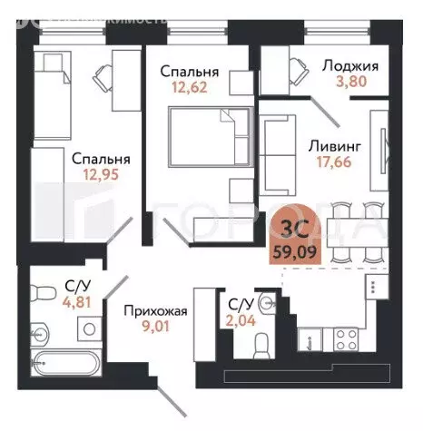 3-комнатная квартира: Томск, проспект Ленина, 206В (59.09 м) - Фото 0