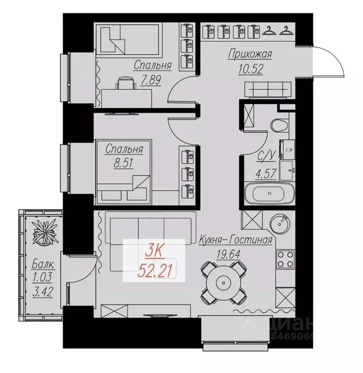 2-к кв. Красноярский край, Красноярск Семафорная ул. (52.21 м) - Фото 1