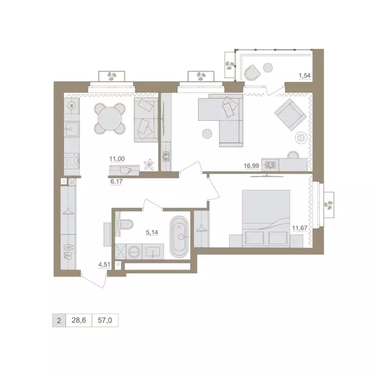 2-к кв. Башкортостан, Уфа бул. Яркий (56.31 м) - Фото 1