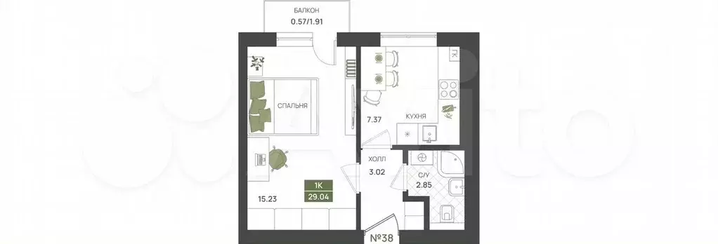 1-к. квартира, 29 м, 5/5 эт. - Фото 1