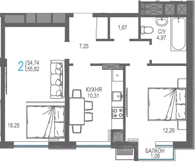2-к кв. Крым, Симферопольский район, Гвардейское пгт, Республика жилой ... - Фото 1