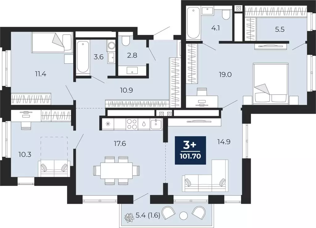 3-комнатная квартира: Тюмень, проезд Капитана Куликова, 7 (105.5 м) - Фото 1