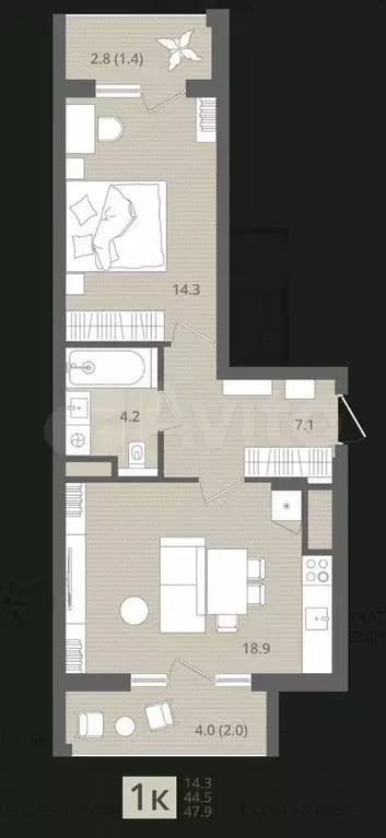 1-к. квартира, 48 м, 2/7 эт. - Фото 1